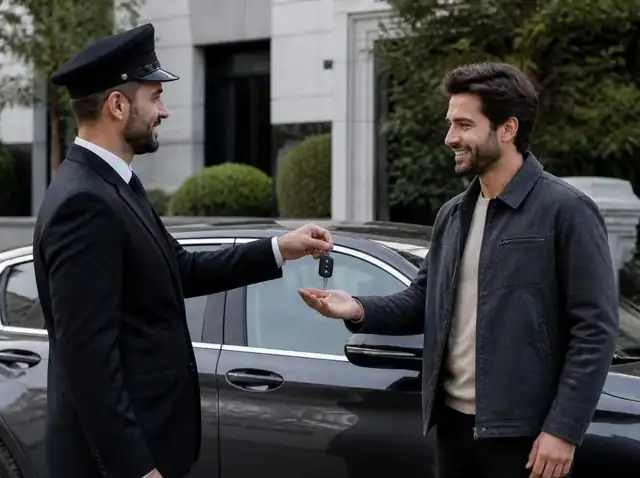 Conductor de RoyCars entregando las llaves de un turismo a un cliente