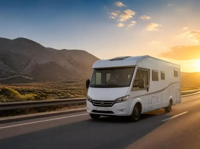 Autocaravana circulando por una autovía al atardecer